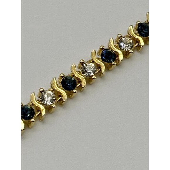 Vintage Gold Tone Metal and Faux Sapphire Faux Diamond Tennis Style Bracelet 80s - Picture 13 of 13